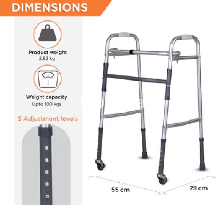 Vissco Dura Lite Foldable Aluminium Walker with Wheels and Adjustable Height