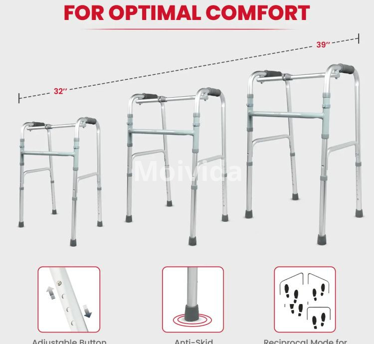 AGEasy Adjustable Walker for Elders – Foldable Steel Frame Walking Aid with Anti-Slip Tips