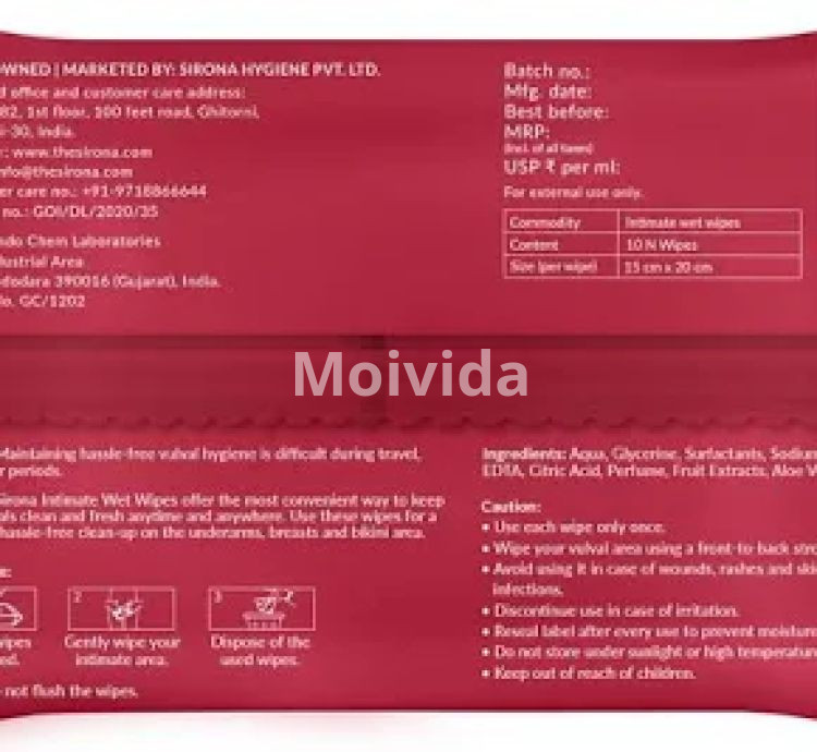 Sirona Intimate Wet Wipes 10 Pulls pH-Balanced Gentle & Paraben-Free