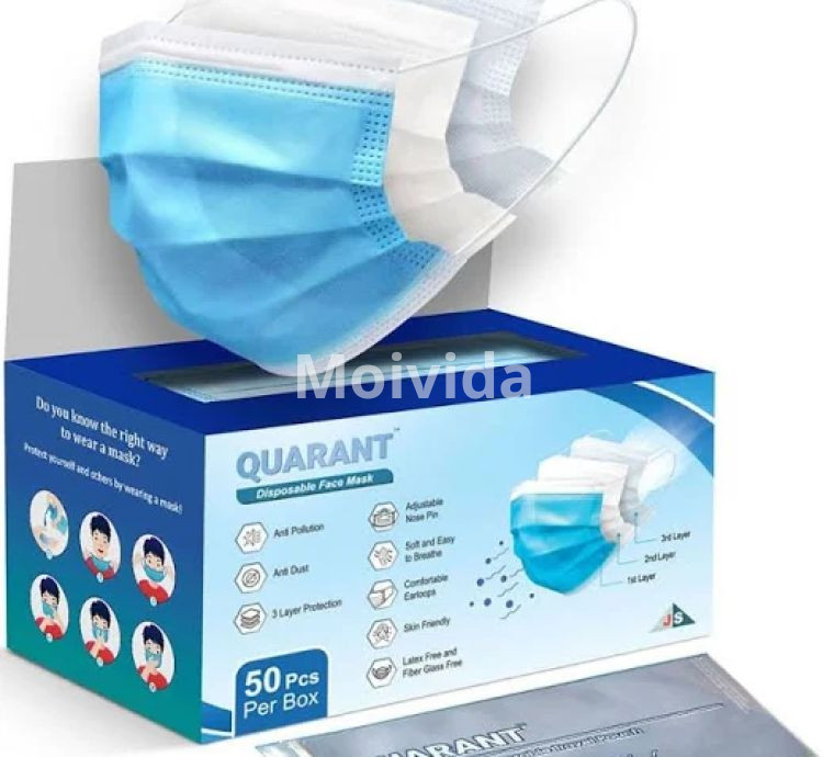 Quarant 3-Ply Disposable Face Mask Blue Pack of 50 with Travel Pouch