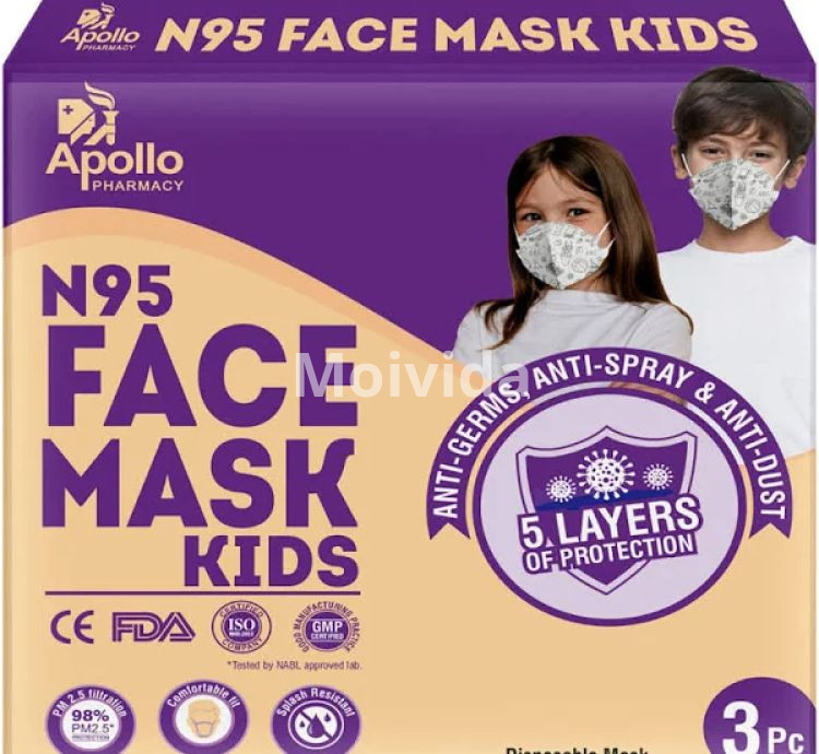 Apollo Pharmacy N95 5-Layer Kids Face Mask Pack of 3 Certified Mask